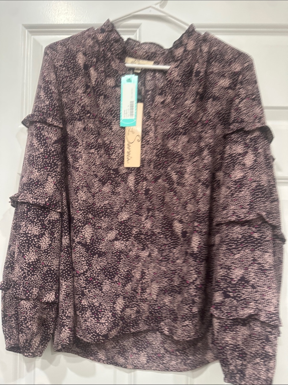 Ruffled Sleeve V-Neck Blouse in Lavender and Eggplant by Les Serein